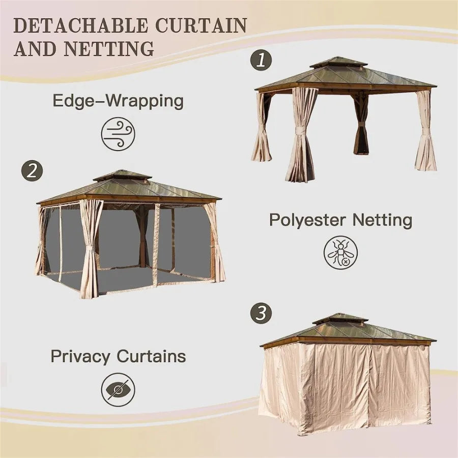 12'x12' Hardtop Gazebo Permanent Outdoor Gazebo with Polycarbonate Double Roof Aluminum Gazebo Pavilion with Curtain and Net fo