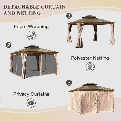 12'x12' Hardtop Gazebo Permanent Outdoor Gazebo with Polycarbonate Double Roof Aluminum Gazebo Pavilion with Curtain and Net fo