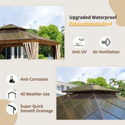 12'x12' Hardtop Gazebo Permanent Outdoor Gazebo with Polycarbonate Double Roof Aluminum Gazebo Pavilion with Curtain and Net fo