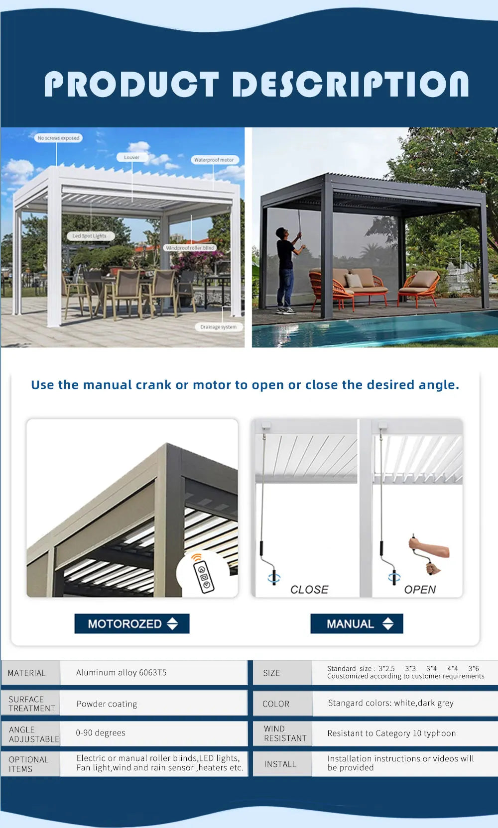 Bioclimatic Aluminum  Pergola customized size Outdoor Beach Swimming Pool With Motorized Screen Set Louvered Pergola