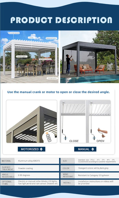 Bioclimatic Aluminum  Pergola customized size Outdoor Beach Swimming Pool With Motorized Screen Set Louvered Pergola
