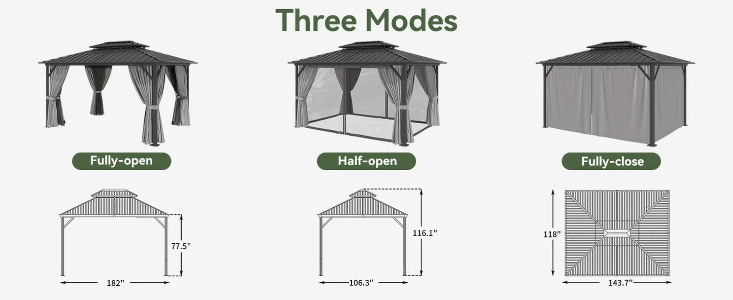 10'x12' Hardtop Gazebo, Aluminum Frame Canopy with Double Galvanized Steel Roof, Outdoor Metal Pavilion with Netting, Curtains