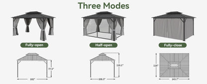 10'x12' Hardtop Gazebo, Aluminum Frame Canopy with Double Galvanized Steel Roof, Outdoor Metal Pavilion with Netting, Curtains