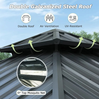 8' X 8' Hardtop Gazebo Aluminum Metal Gazebo with Galvanized Steel Double Roof Canopy Curtain and Netting Permanent Gazebo Pavi