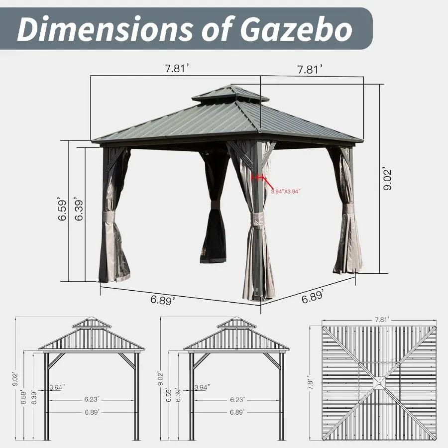 8' X 8' Hardtop Gazebo Aluminum Metal Gazebo with Galvanized Steel Double Roof Canopy Curtain and Netting Permanent Gazebo Pavi