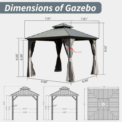 8' X 8' Hardtop Gazebo Aluminum Metal Gazebo with Galvanized Steel Double Roof Canopy Curtain and Netting Permanent Gazebo Pavi