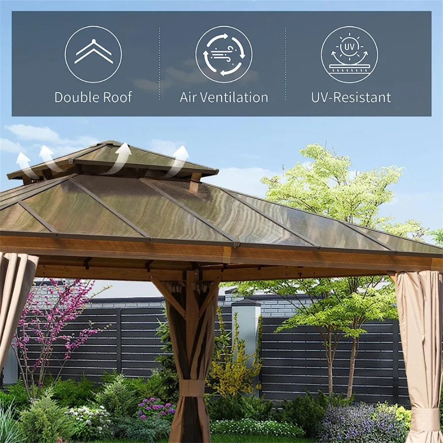12'x12' Hardtop Gazebo Permanent Outdoor Gazebo with Polycarbonate Double Roof Aluminum Gazebo Pavilion with Curtain and Net fo