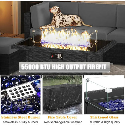 15 Piece Patio Furniture Set with Fire Pit Table, Outdoor Conversation Sets Wicker Rattan Sectional Sofa with Coffee Table