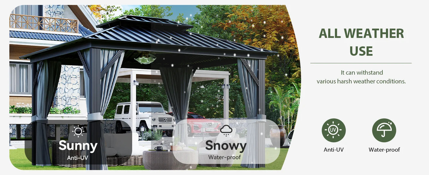 10'x12' Hardtop Gazebo, Aluminum Frame Canopy with Double Galvanized Steel Roof, Outdoor Metal Pavilion with Netting, Curtains