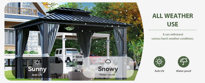 10'x12' Hardtop Gazebo, Aluminum Frame Canopy with Double Galvanized Steel Roof, Outdoor Metal Pavilion with Netting, Curtains