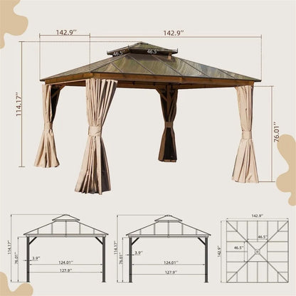 12'x12' Hardtop Gazebo Permanent Outdoor Gazebo with Polycarbonate Double Roof Aluminum Gazebo Pavilion with Curtain and Net fo