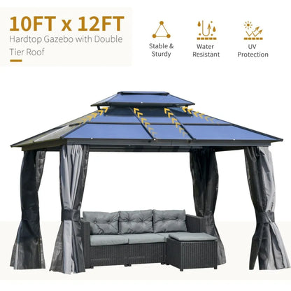10' x 12' Hardtop Gazebo Canopy with Polycarbonate Double Roof Aluminum Frame Permanent Pavilion Outdoor Gazebo with Netting an