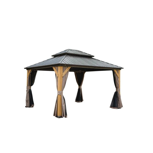 12'x14' Hardtop Gazebo Outdoor Cedar Wood Frame Canopy with Galvanized Steel Double Roof Outdoor Permanent Metal Pavilion with