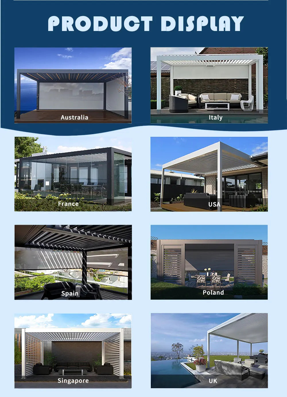 Bioclimatic Aluminum  Pergola customized size Outdoor Beach Swimming Pool With Motorized Screen Set Louvered Pergola