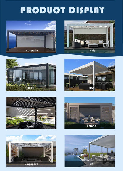 Bioclimatic Aluminum  Pergola customized size Outdoor Beach Swimming Pool With Motorized Screen Set Louvered Pergola