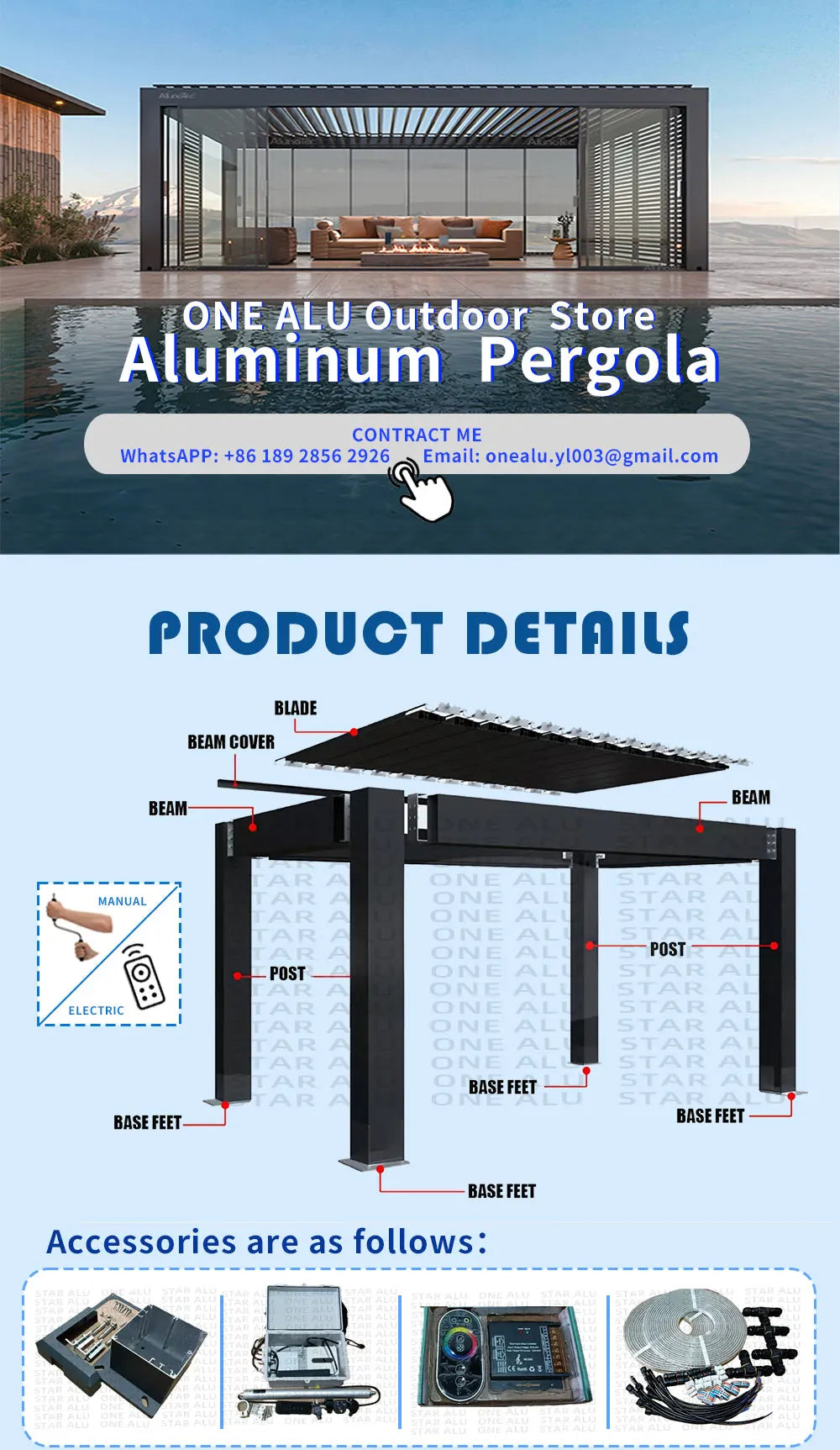 Bioclimatic Aluminum  Pergola customized size Outdoor Beach Swimming Pool With Motorized Screen Set Louvered Pergola