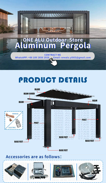Bioclimatic Aluminum  Pergola customized size Outdoor Beach Swimming Pool With Motorized Screen Set Louvered Pergola