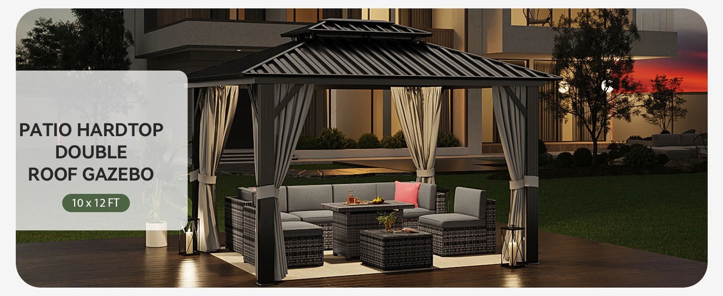 10'x12' Hardtop Gazebo, Aluminum Frame Canopy with Double Galvanized Steel Roof, Outdoor Metal Pavilion with Netting, Curtains