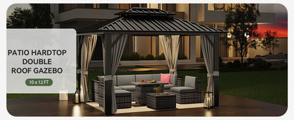 10'x12' Hardtop Gazebo, Aluminum Frame Canopy with Double Galvanized Steel Roof, Outdoor Metal Pavilion with Netting, Curtains