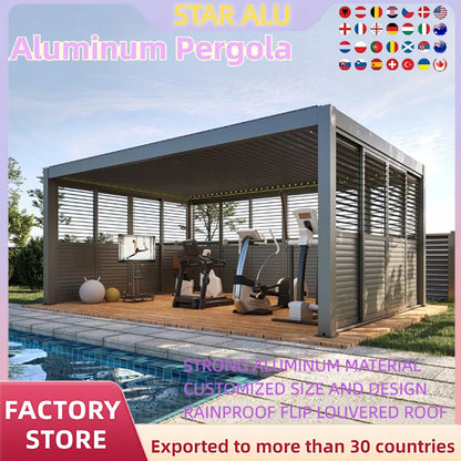 Bioclimatic Aluminum  Pergola customized size Outdoor Beach Swimming Pool With Motorized Screen Set Louvered Pergola