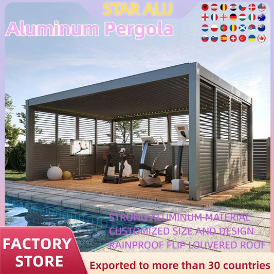 Bioclimatic Aluminum  Pergola customized size Outdoor Beach Swimming Pool With Motorized Screen Set Louvered Pergola
