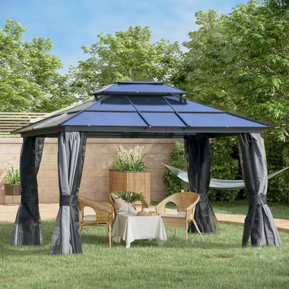 10' x 12' Hardtop Gazebo Canopy with Polycarbonate Double Roof Aluminum Frame Permanent Pavilion Outdoor Gazebo with Netting an