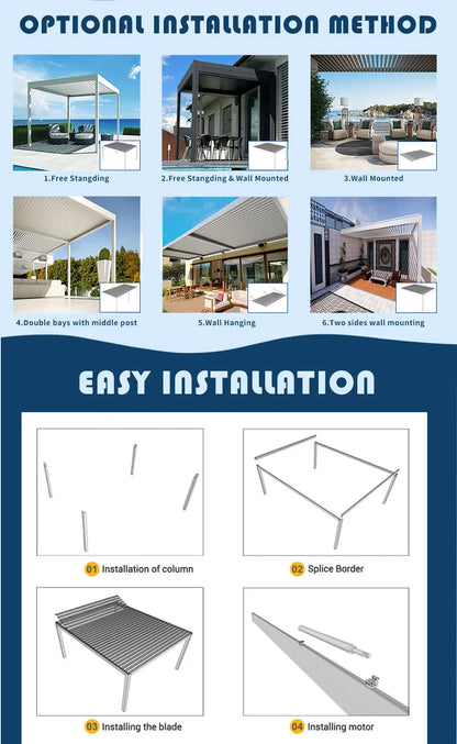 Bioclimatic Aluminum  Pergola customized size Outdoor Beach Swimming Pool With Motorized Screen Set Louvered Pergola