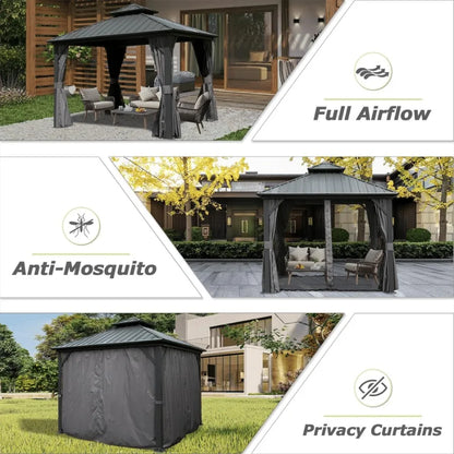 8' X 8' Hardtop Gazebo Aluminum Metal Gazebo with Galvanized Steel Double Roof Canopy Curtain and Netting Permanent Gazebo Pavi