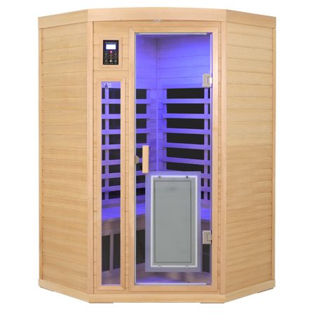 Relax together in a 2-person corner hemlock infrared sauna. Low EMF design, 11 heating panels, bluetooth speakers, LED lights, LCD touch control & easy assembly.