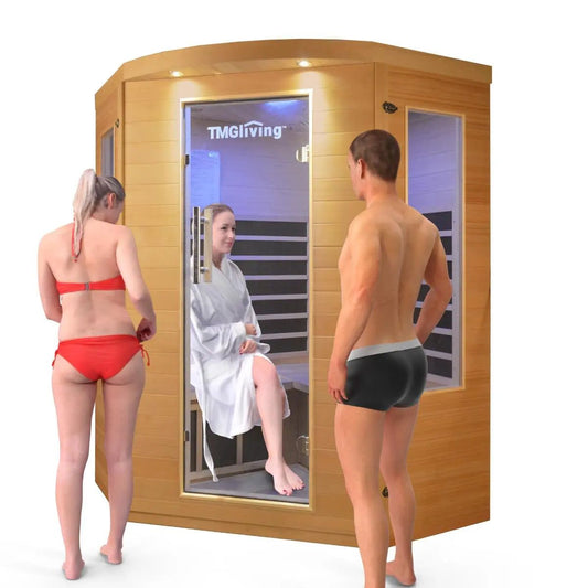 3-person indoor infrared sauna with a tempered glass door.