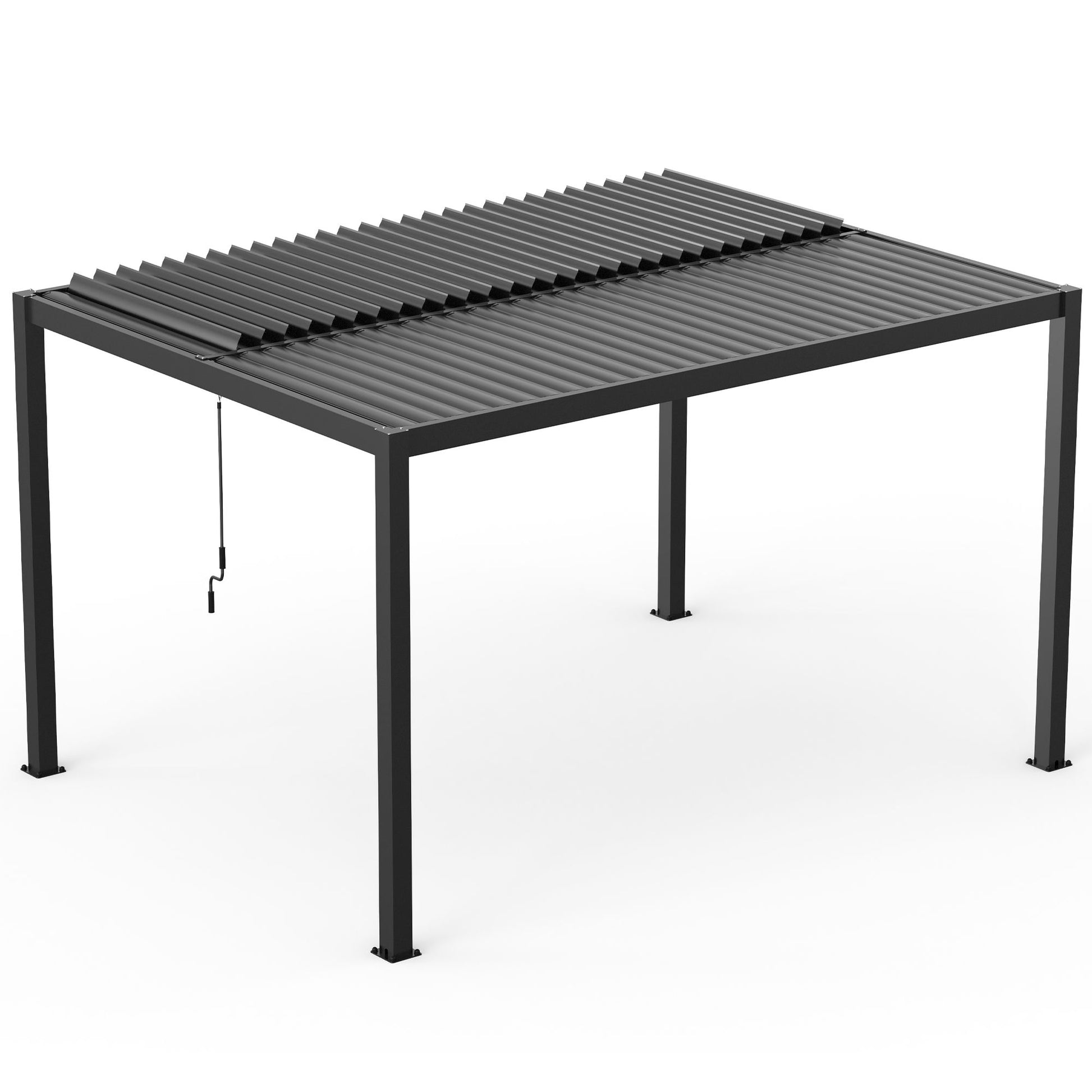 Close-up of a black aluminum pergola roof with open and closed louvers, showing light control.