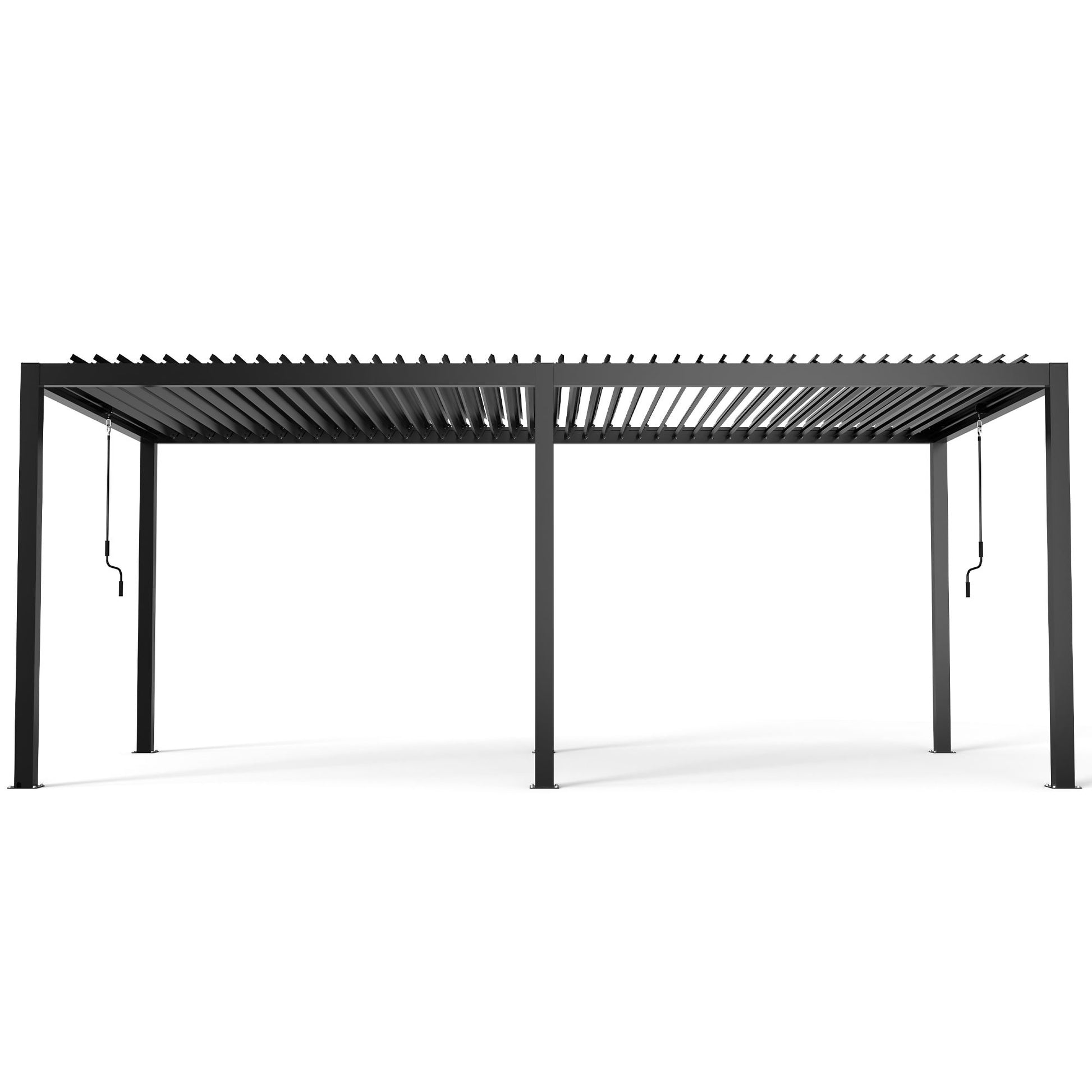 Close-up of a black aluminum pergola roof with open and closed louvers, showing light control.