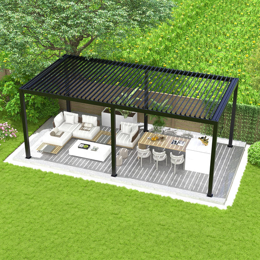 Modern 10x13 ft aluminum pergola with adjustable louvered roof in a backyard setting.