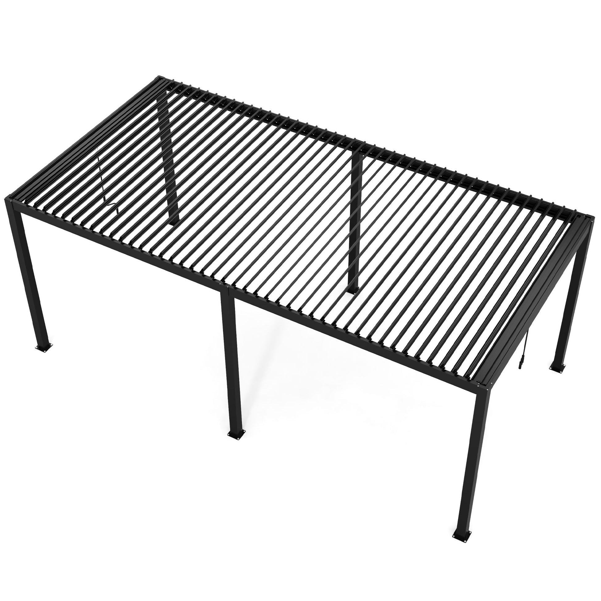 Close-up of a black aluminum pergola roof with open and closed louvers, showing light control.