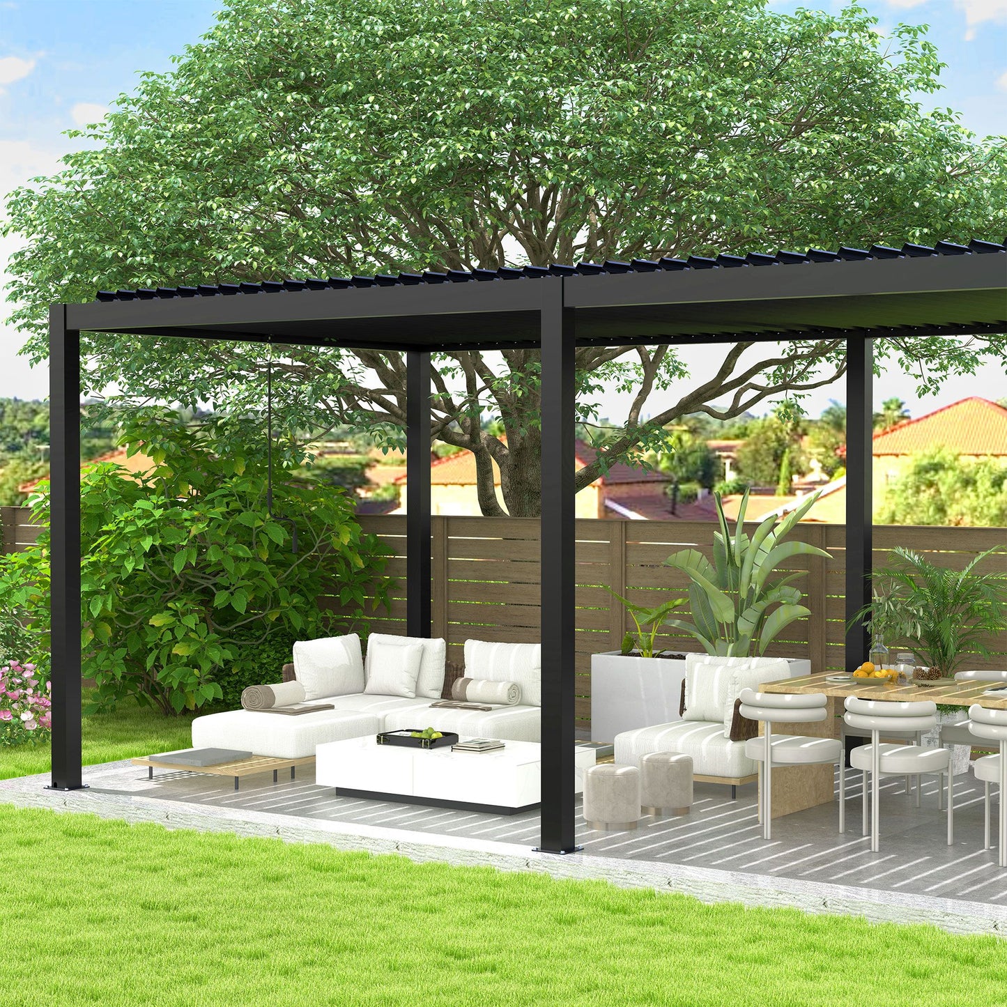 A sleek black pergola with integrated rainwater drainage system visible on one of its aluminum posts.