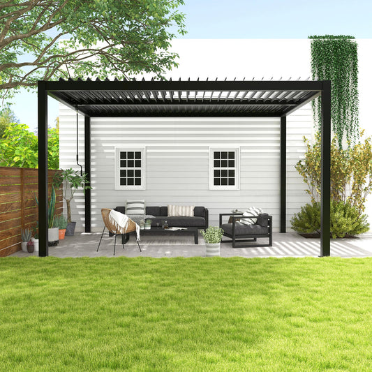 8610C aluminum louvered pergola with adjustable roof on a patio.
