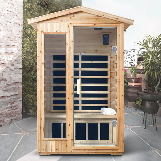 Two-person fir wood sauna with a backyard view

