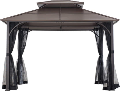 10x12 Hardtop Gazebo Steel Frame Netting Brown-3