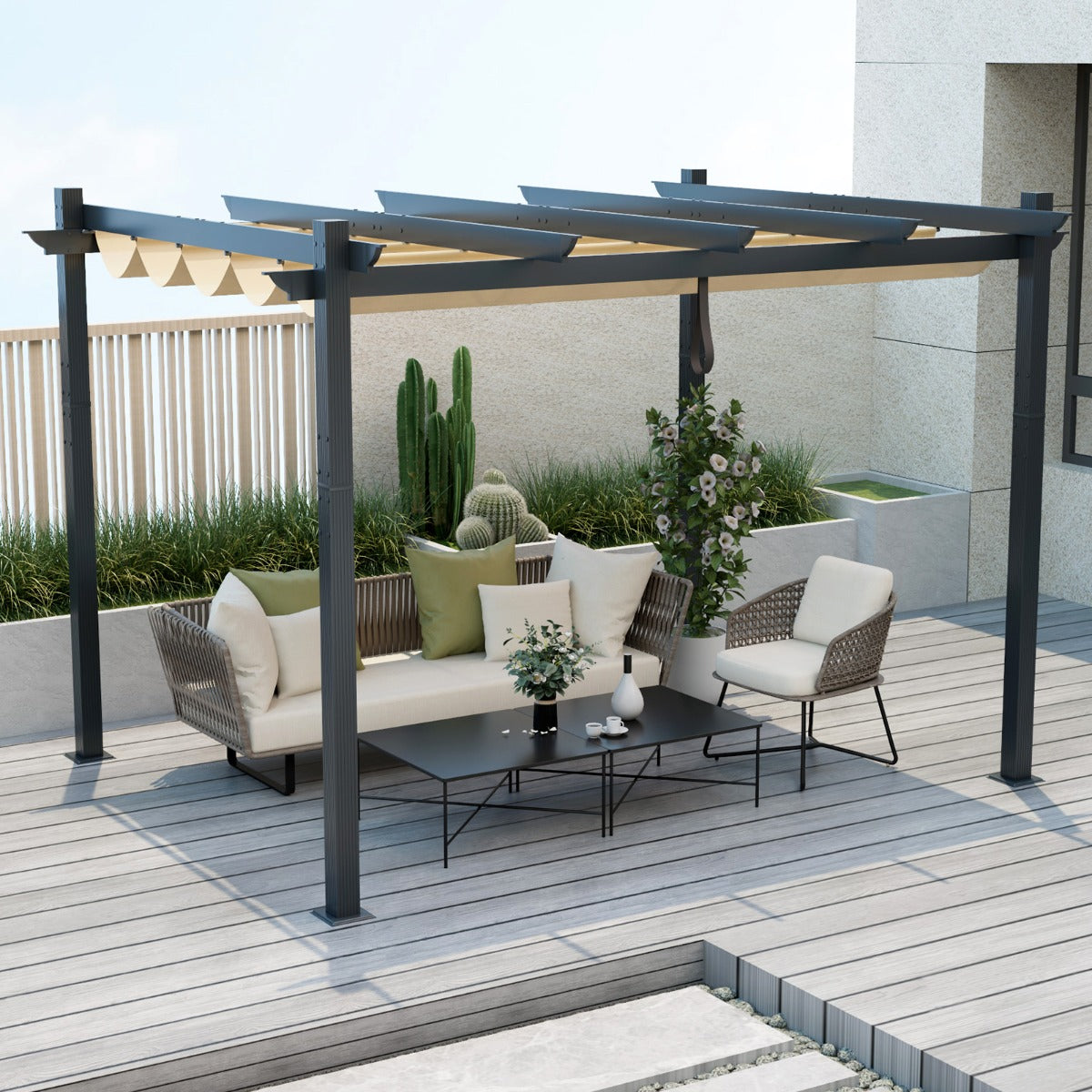 NNECW Outdoor Retractable Pergola with Retractable Canopy Cover for Garden-0